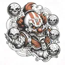 sketch of a tattoo of an evil clown juggling balls with each of the elements, fire, water, earth and air tattoo design idea