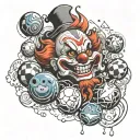 sketch of a tattoo of an evil clown juggling balls with each of the elements, fire, water, earth and air tattoo design idea
