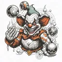 sketch of a tattoo of an evil clown juggling balls with each of the elements, fire, water, earth and air tattoo design idea