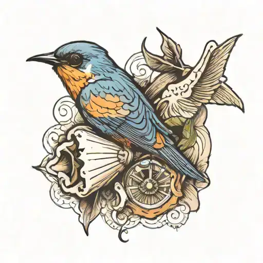 conch shell, barn, family history, barn swallow bird tattoo design idea
