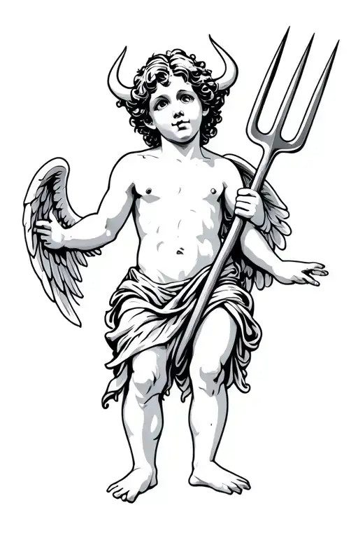 demon Cherub holding pitchfork tattoo design idea