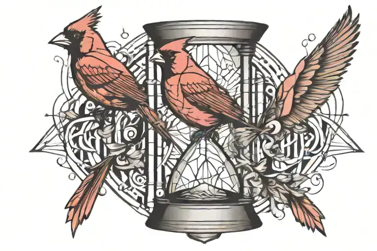 broken hourglass with red cardinals  tattoo design idea