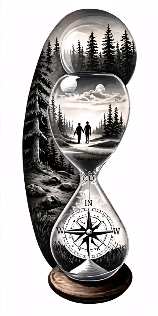 family and forest and hour glass and compass golf course tattoo design idea