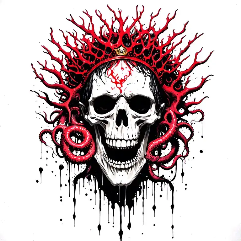 King Of Bones With A Coral Crown, Hades 2 Style, Eldritch, Tentacles, Lovecraftian, Deep Sea tattoo design idea