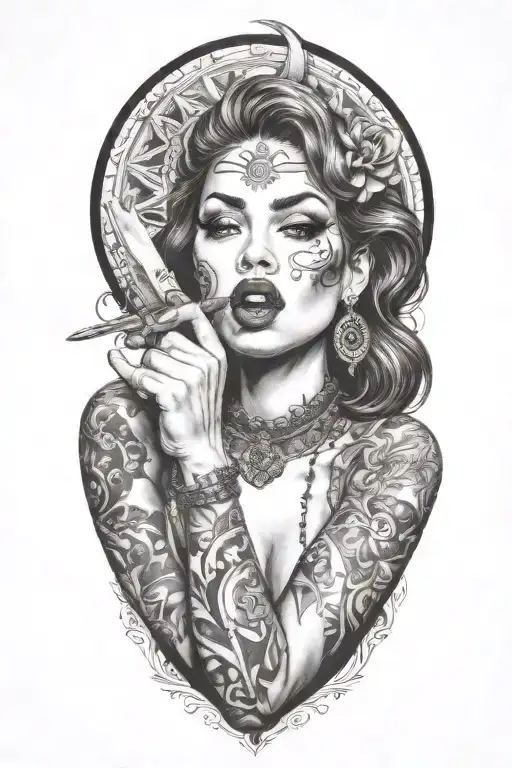 sexy woman licking a knife tattoo design idea
