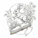 rabbit leaping from a book surrounded by wild flowers tattoo design idea