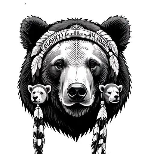 Mama bear holding native American shall with 4 baby bear faces on it tattoo design idea
