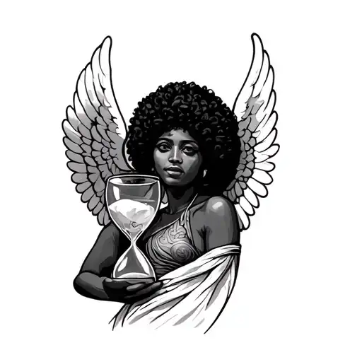 Afro Angel holding an hourglass filled with swirling tattoo design idea