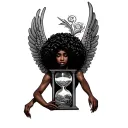 Afro Angel holding an hourglass filled with swirling tattoo design idea