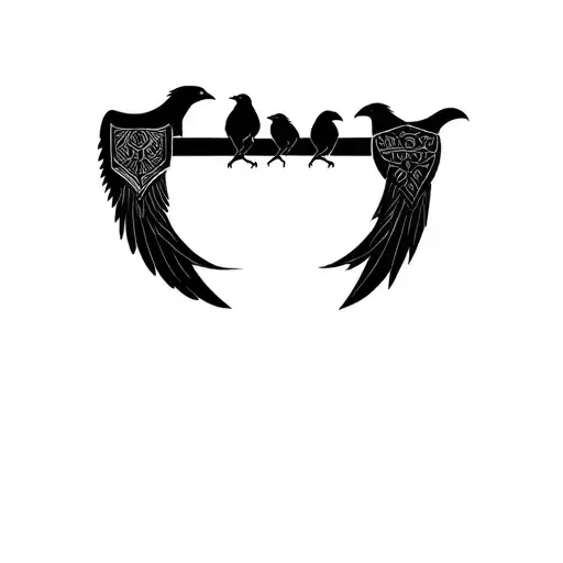 three birds sitting on horizontal viking axe. Birds are golden eagle, bald eagle, raven. Nordic tattoo design idea