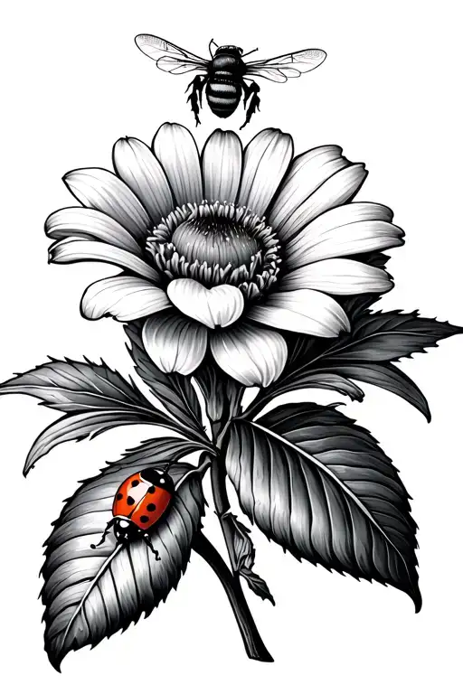 september and april birth flower with ladybug on stem and bumble bee above tattoo design idea