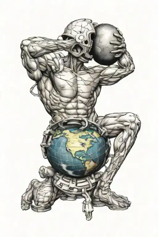 atlas holding the big planet earth on its back 2 hands, halfbody tattoo design idea