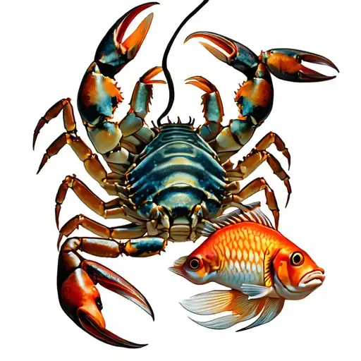  crab scorpion and two fish swimming tattoo design idea
