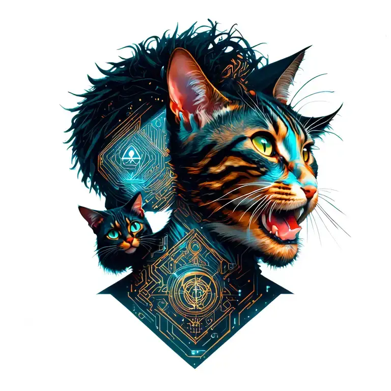 happy punk rock young man with gang of cats tattoo design idea
