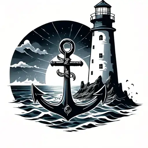 minimal tattoo abstract with an anchor and a lighthouse tattoo design idea