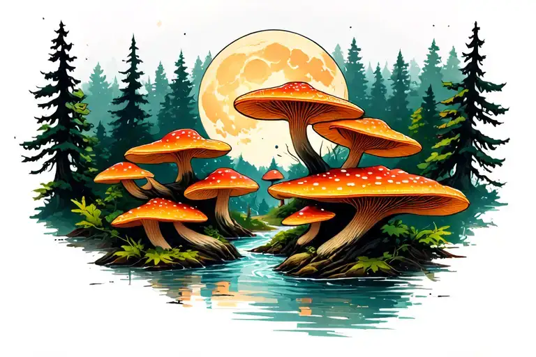 Flying fungus in the forest with river moon tattoo design idea