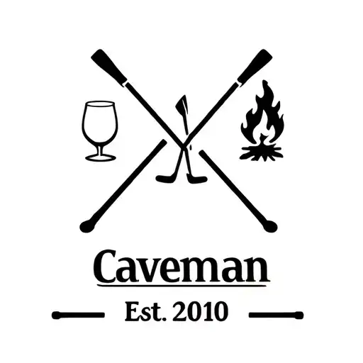 "Caveman Est. 2010" X with campfire, cocktail glass, golf clubs and cabin in quadrants tattoo design idea