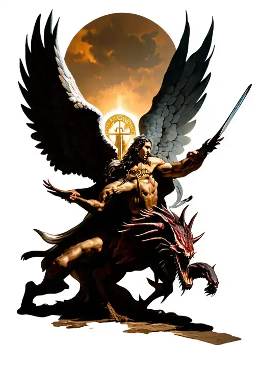 archangel saint michael killing a demon tattoo design idea