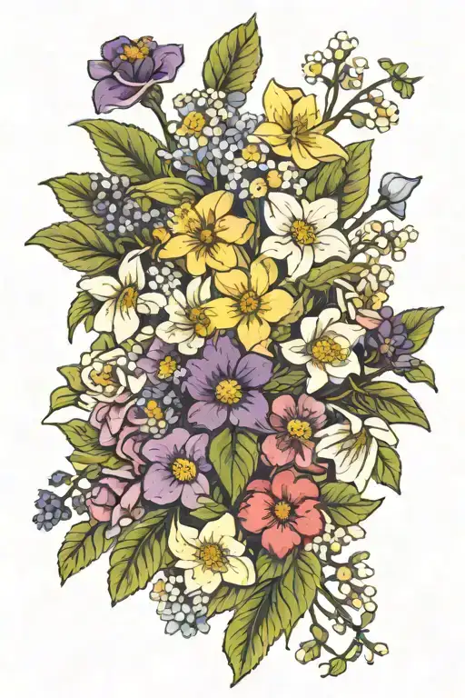 Primroses, violets, hawthorn, lily of the valley, asters, morning glories, narcissus, and holly flower bouquet tattoo design idea