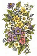 Primroses, violets, hawthorn, lily of the valley, asters, morning glories, narcissus, and holly flower bouquet tattoo design idea