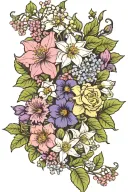 Primroses, violets, hawthorn, lily of the valley, asters, morning glories, narcissus, and holly flower bouquet tattoo design idea