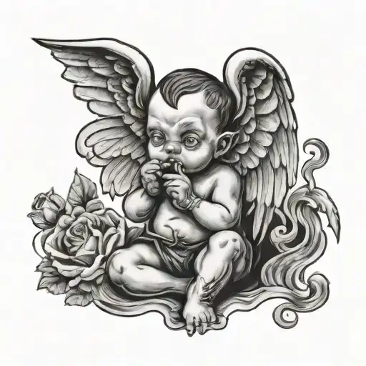 old school black tattoo of a baby SATANIST angel smoking a cigarette tattoo design idea