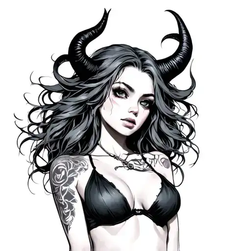 Sexy Pale Girl, Petite, Big Boobs, Wide Hips, G-string. Messy Hair, Demonic Horns, Sexual tattoo design idea