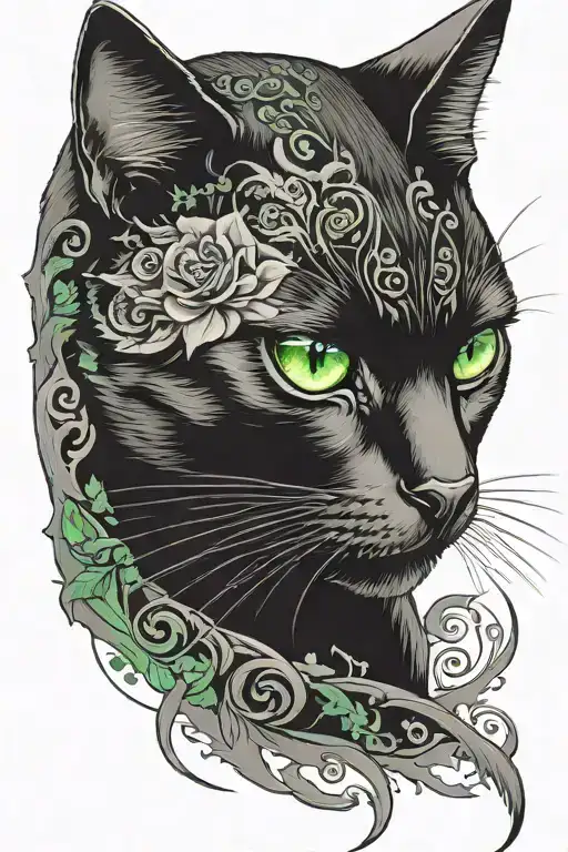 black cat with green eyes tattoo design idea