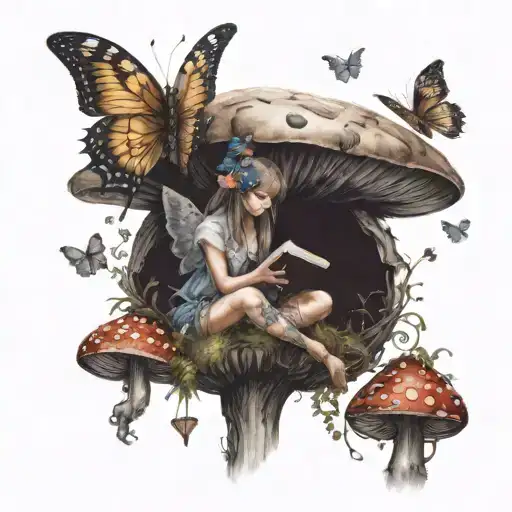 fairy sitting on a mushroom reading a book with butterflies flying around  tattoo design idea