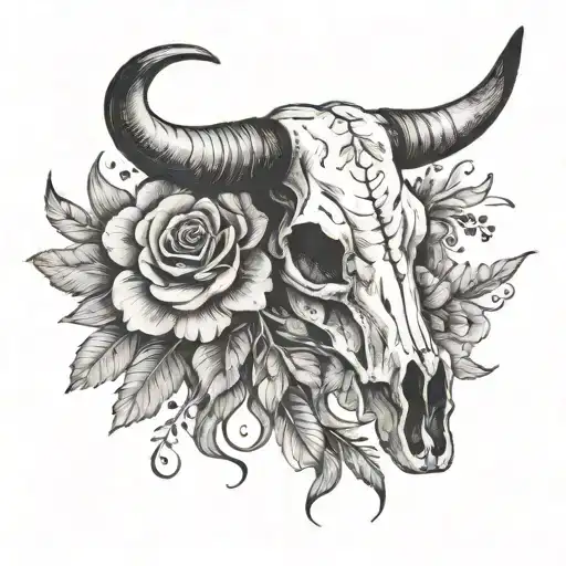 longhorn cow skull with flowers on the  complete right half and one feather on the left horn boho style tattoo design idea