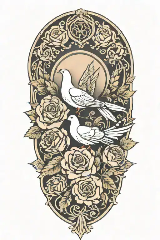 circle ring of several small roses around a center flourish design with a perched dove, wings folded tattoo design idea