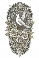 circle ring of several small roses around a center flourish design with a perched dove, wings folded tattoo design idea