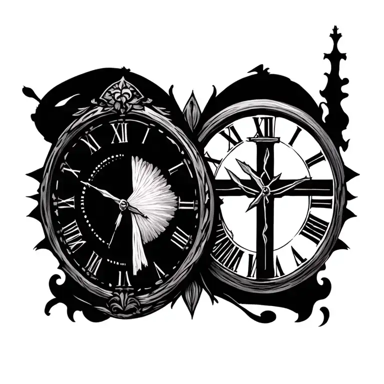 Christian Cross and clock tattoo design idea