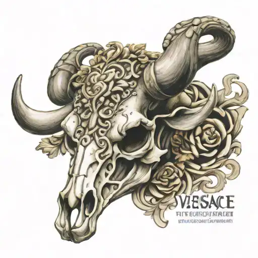 bull longhorn skull with Versace logo transformed tattoo design idea