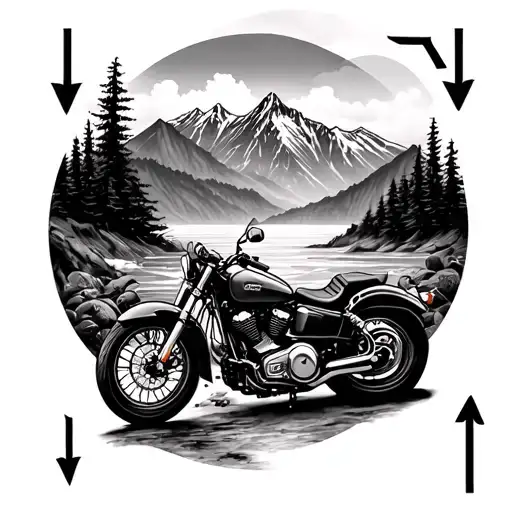 Draw a tattoo, please. The drawing is divided into 4 parts with arrows. On top of the mountain, on the right, the sea. Below the motorcycle, on the left of the forest tattoo design idea
