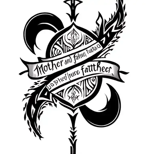 Half arm sleeve tattoo tribal in polinessian and viking styles along with the words Mother and farther in old norse rune tattoo design idea