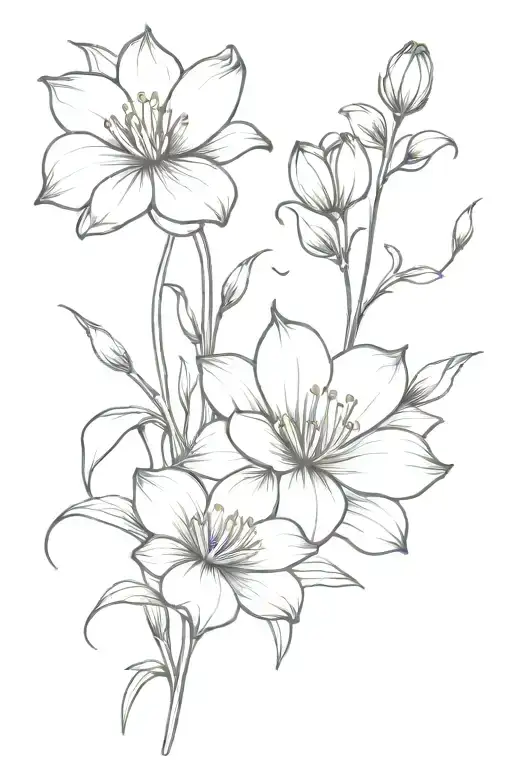 fine line tatto with waterlillys and violet flower bouquet with stems as minimalist as possible tattoo design idea