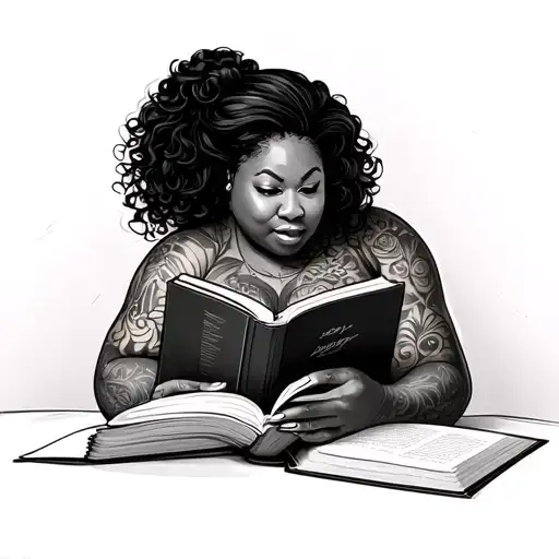 a plus size woman reading a book. tattoo design idea