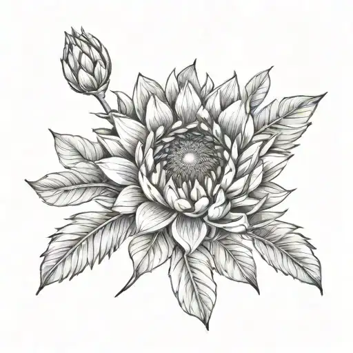 Protea and sunflower with leaves  tattoo design idea
