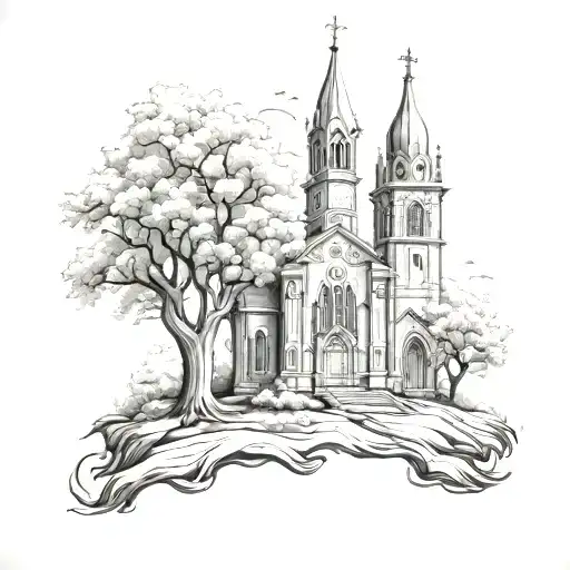 Church with tree tattoo design idea