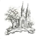 Church with tree tattoo design idea