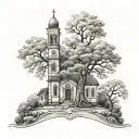 Church with tree tattoo design idea