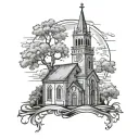 Church with tree tattoo design idea