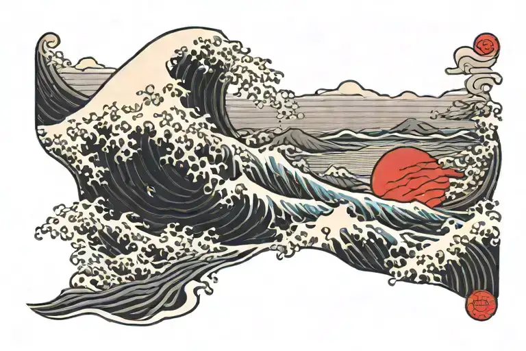 black background with red sun, waves in foreground with a mountain range in far distance behind waves tattoo design idea