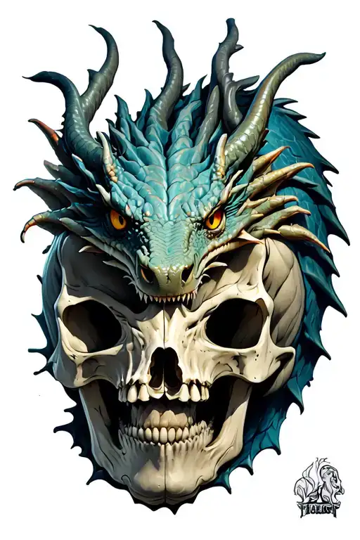 Dragon crawling out of the skull tattoo design idea