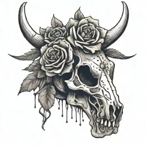 Horse Skull and Roses with crossed axes visible  tattoo design idea
