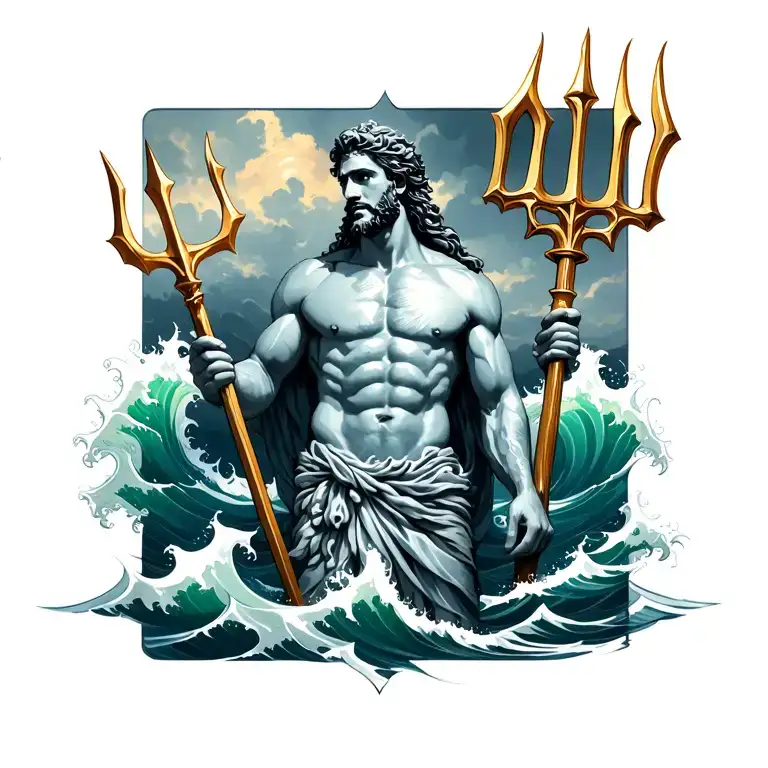 poseidon holding a trident with waves tattoo design idea