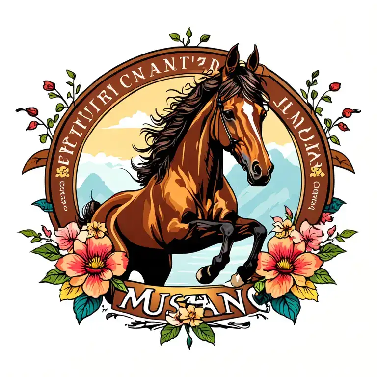 ford Mustang logo horse surrounded by flowes tattoo design idea