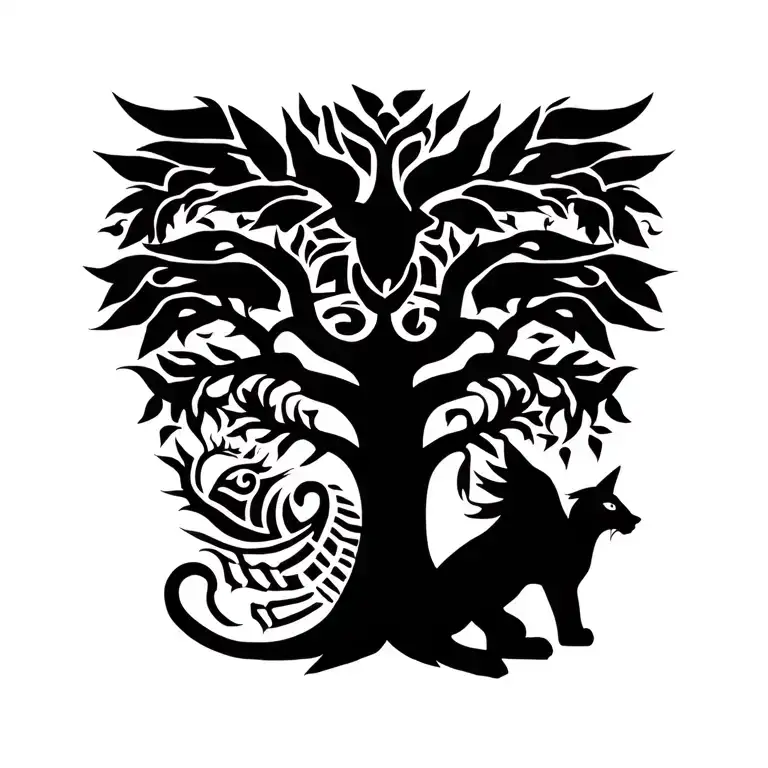 tribal tree of life with egyptian cat and phoenix rising tattoo design idea