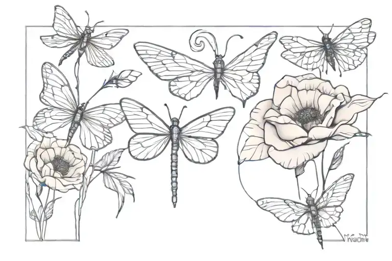 1 butterfly, 1 dragonfly, a rose and a poppy flower tattoo design idea